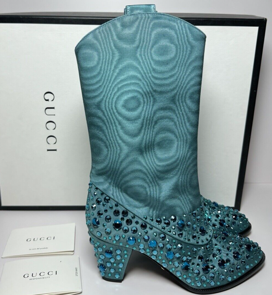 New Gucci Women's Sea Green Jacquard Cowboy Boots with Crystals 631268 3720