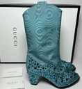 [4529-1] New Gucci Women's Sea Green Jacquard Cowboy Boots with Crystals 631268 3720