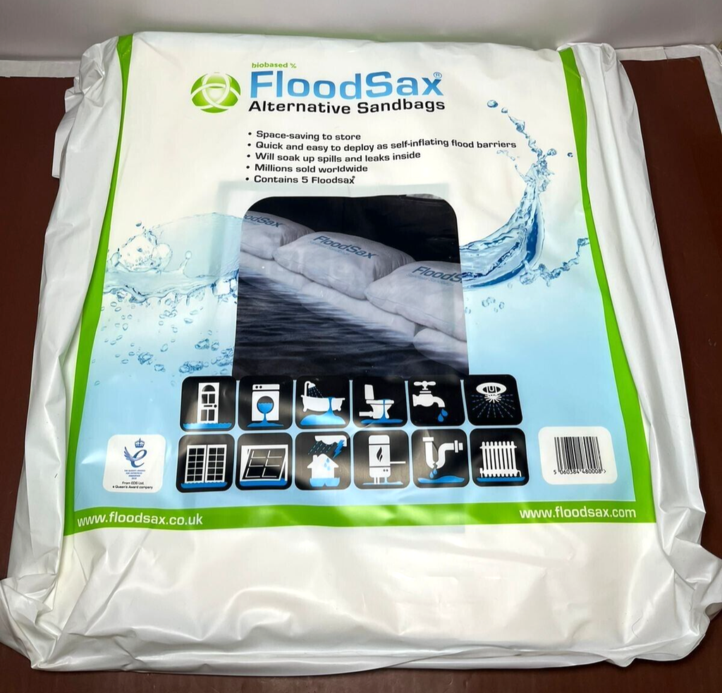 FS5R Sandless Sandbag Water Absorbent Flood Barrier, 19" x 20", 5 Pack, White