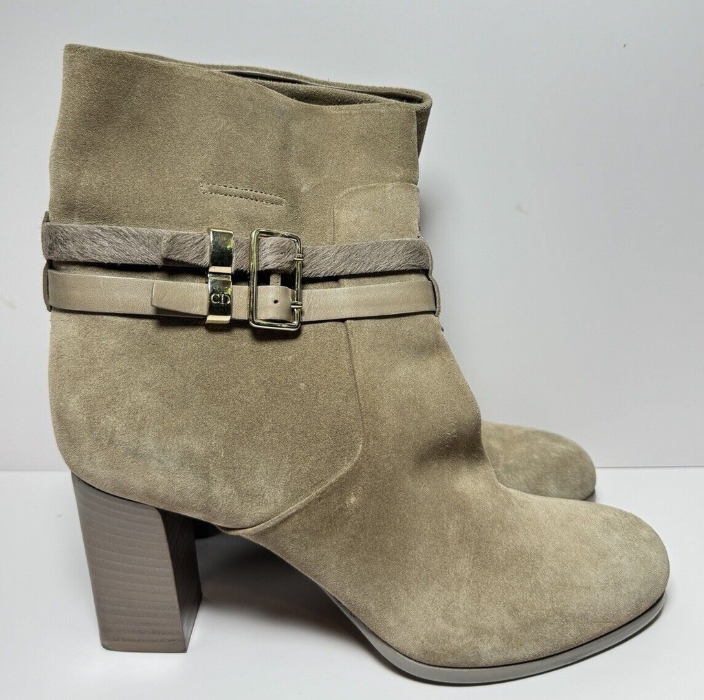 Dior Women's Taupe Suede Double Buckled Straps Ankle Boots