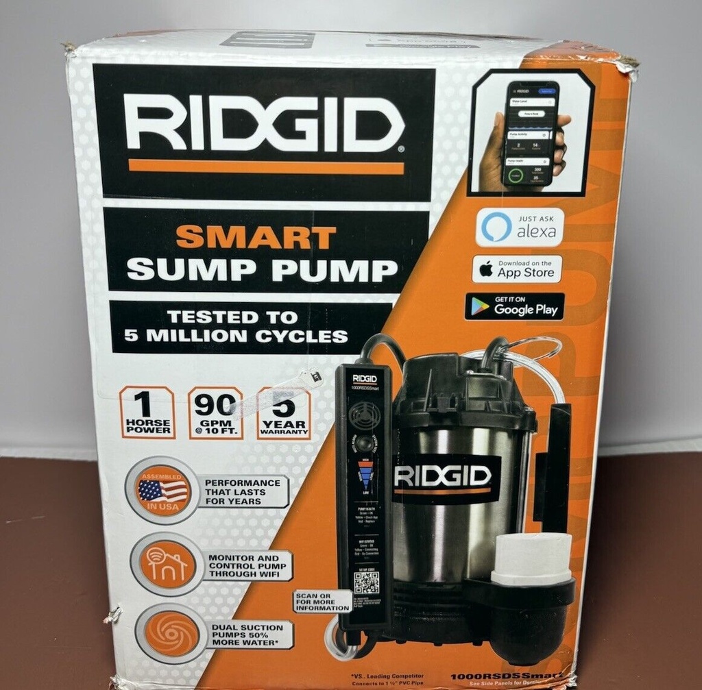 Brand New Sealed - RIDGID 70080-RHD1 Smart 1HP 90GPM Sump Pump 1000RSDSSMart