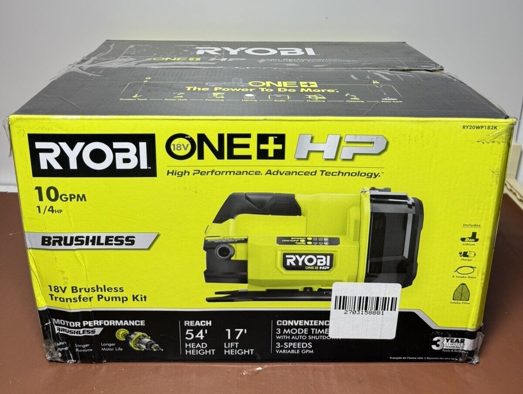 RYOBI ONE+ HP 18V 1/4 hp Cordless Battery Powered Transfer Pump +Batt &Charger