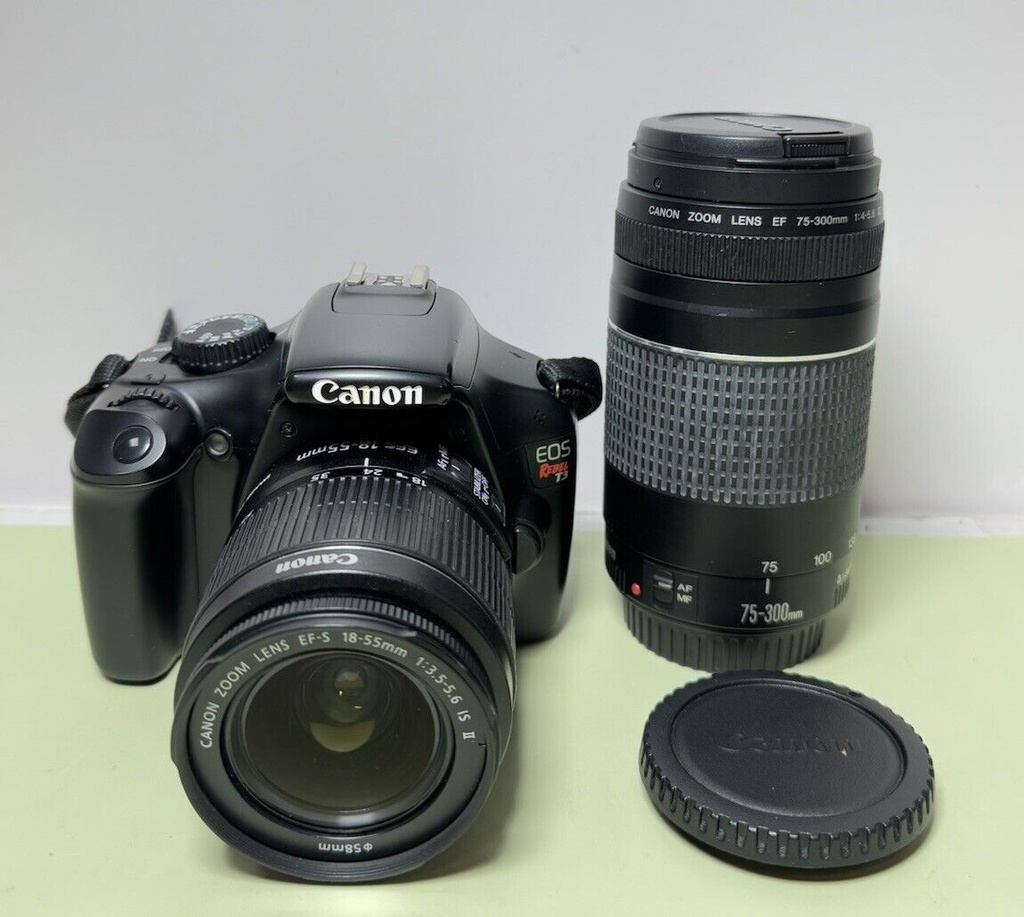 Canon EOS Rebel T3 Camera Lenses EF-S 18-55mm & EF 75-300mm+Batt, charger, bag