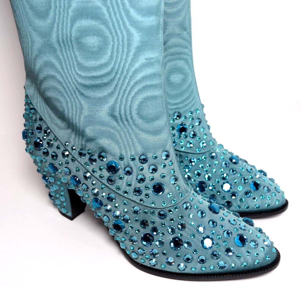 New Gucci Women's Sea Green Jacquard Cowboy Boots with Crystals 631268 3720