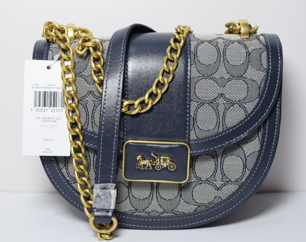 NWT - COACH Signature Jacquard B4 Alie Saddle Bag Midnight Navy Crossbody C3464