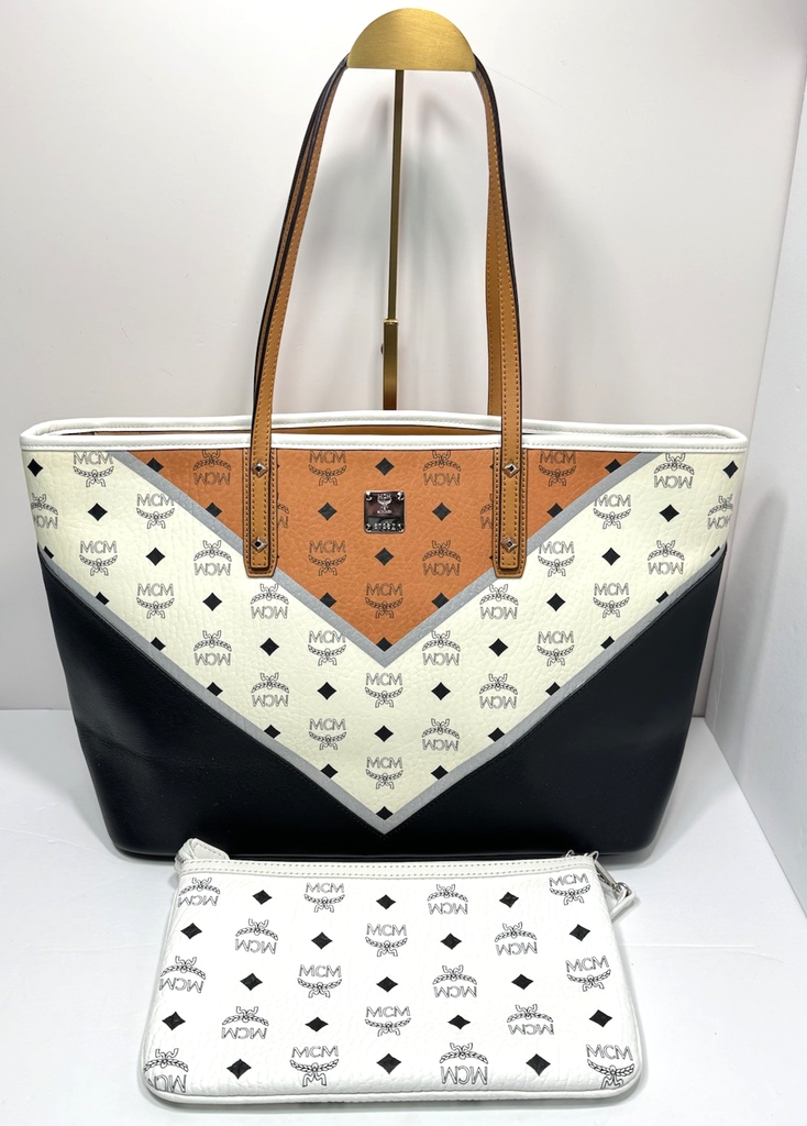 MCM  Visetos Chevron Medium Colorblock Anya Zip Top Shopper Tote+Zip Pouch-New