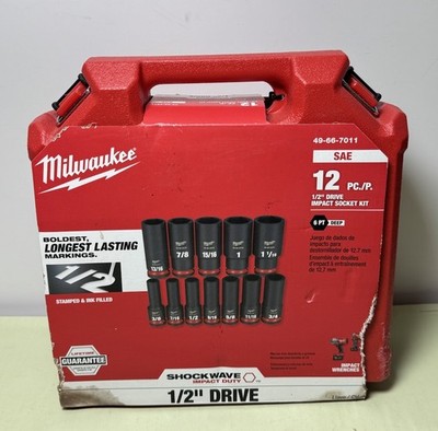 [11942-3] Milwaukee 49-66-7011 SHOCKWAVE 1/2" Drive SAE 6 Point Impact Socket Set 12PC-New