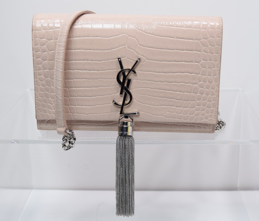 [6778-1] Saint Laurent Classic Monogram Tassel Crossbody Bag Crocodile Embossed Pink
