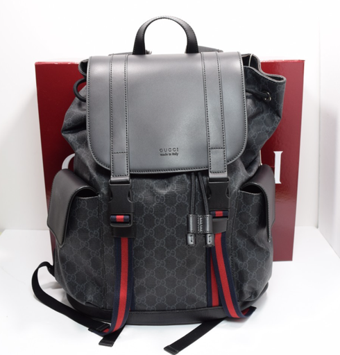 [11585-1] GUCCI 495563 GG Supreme Canvas Backpack Black Leather Trim Men's Bag