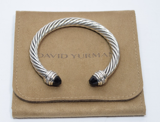 [12209-1] David Yurman 7mm Cable Bracelet Sterling Silver Black Onyx & Diamond Ends