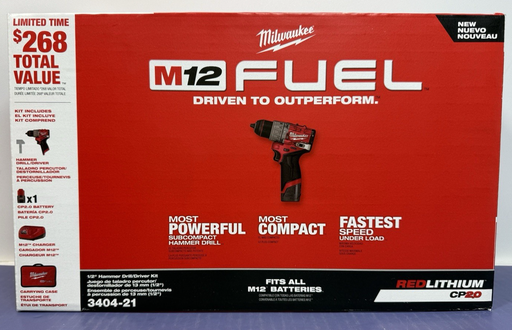[12607-1] Milwaukee 3404-22 M12 FUEL 12V 1/2" Cordless Li-Ion Hammer Drill/Driver Kit