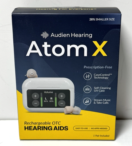[13105-1] Audien Hearing  ATOM X -Rechargeable OTC Hearing Aids-New Sealed