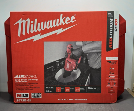 [13393-1] Milwaukee 2572B-21 - M12 12V Airsnake Drain Cleaning Air Gun Kit w/ Attachments