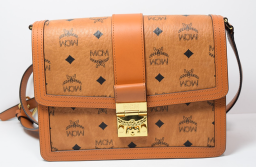 [13433-3] MCM Signature Visetos Tracy Shoulder Bag In Cognac