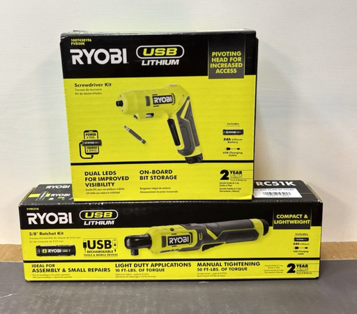 [13851-2, 13851-3] Ryobi FVRC51K Ratchet + FVD50K Screwdriver Kit 2Ah Battery USB Lithium - NEW