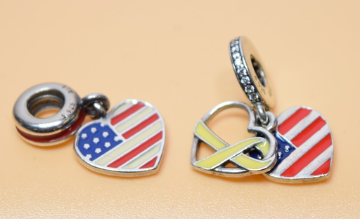 [FRB] Pandora USA Flag Heart & Peace Dangle Charm Lot 2pc S925 ALE