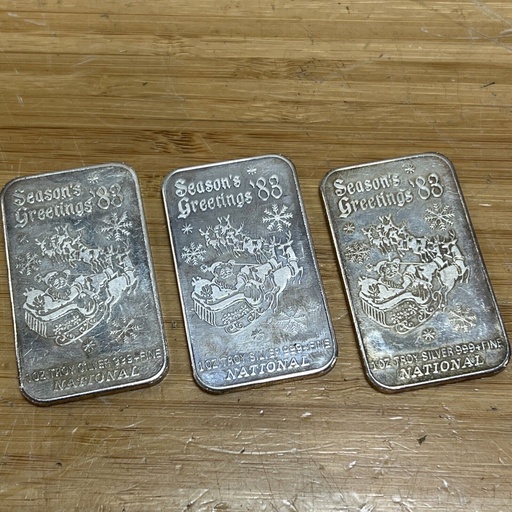 [3281-2(3)] 1983 Season's Greetings Santa Claus Sleigh Christmas 3oz 999 National Silver Bar