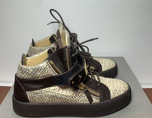 [6575-1] GIUSEPPE ZANOTTI Snake Gold Double Bars High Top Sneakers Mens Size 40/US 7