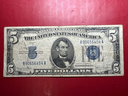 [I-1044] 1934 A $ 5 Dollar Silver Certificate Bill Note Washington D.C. Very Rare