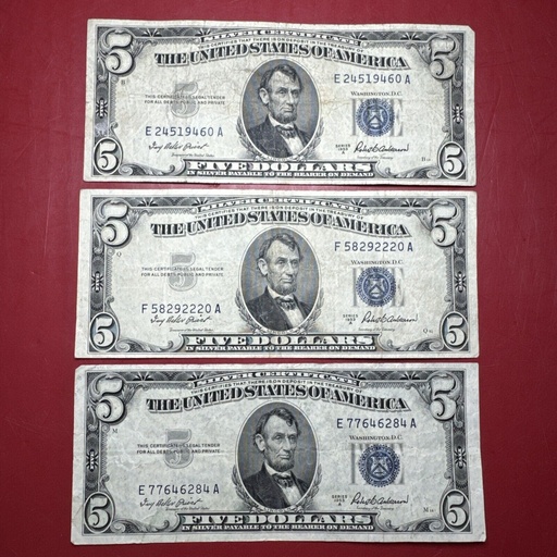 [3936-1 c] Lot of 3 1953 $5 Silver Certificate US Bank Note Lot of 3