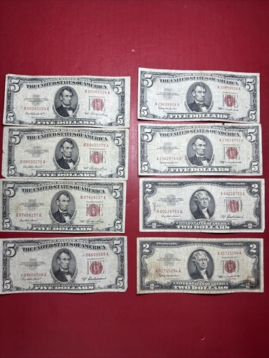 [3936-1 a] Lot of (8) 1953 1953a 1963 $5 $2 Red Seal Five Dollar Bills Vintage US Lot