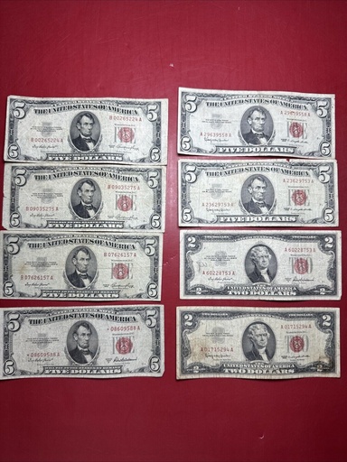 [I-1046] Lot of (8) 1953 1953a 1963 $5 $2 Red Seal Five Dollar Bills Vintage US Lot