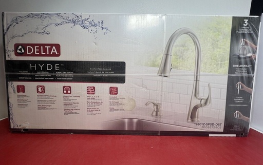 [7768-4, 7987-1, 7948-1 8232-2] Delta 19801Z-SPSD-DST Hyde Pull Down Kitchen Faucet w/Soap Dispense in Stainless