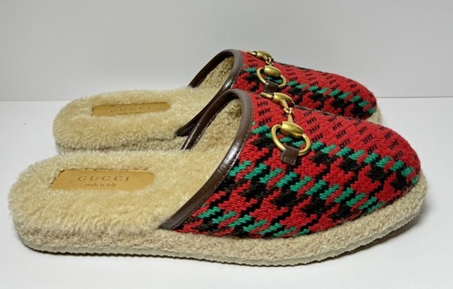 [4604-2] Gucci 'Fria' Houndstooth Gold Horsebit Shearling Lined Mule Slipper sz 36