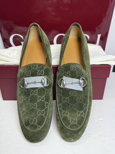 [9228-1] GUCCI Men's Olive Green Jordy Guccissima Suede Loafers Silver Horsebit Size 41