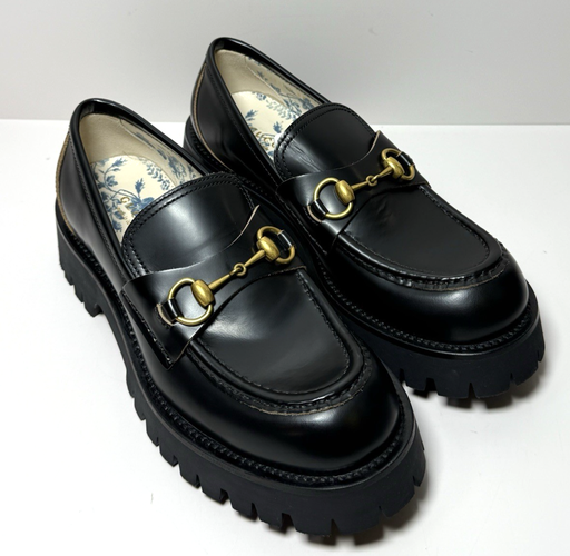 [9836-3] GUCCI 577236 Cordovan Lux Lug Sole Black Gold Horsebit Bee Loafers 39, US 9