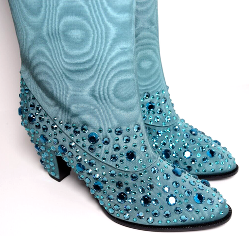 [4529-1] New Gucci Women's Sea Green Jacquard Cowboy Boots with Crystals 631268 3720