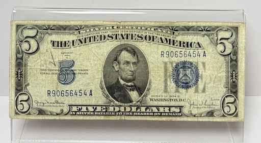 [I-1044] 1934 A $ 5 Dollar Silver Certificate Bill Note Washington D.C. Very Rare