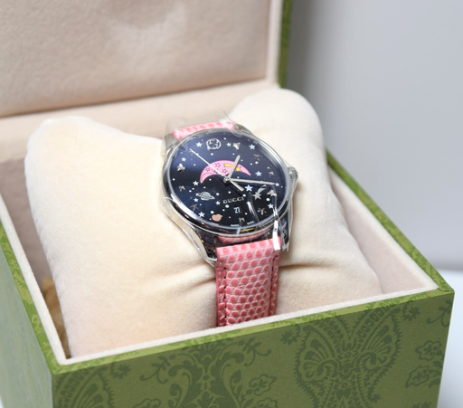 [10261-1] Gucci G-timeless Slim Black Moonphase Pink Leather Swiss Quartz Watch - 35mm