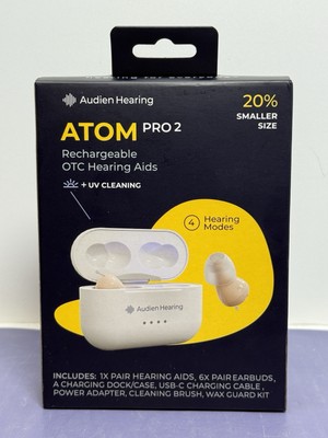 [10329-8] Audien ATOM PRO 2 Wireless Rechargeable OTC Hearing Aids - New - Sealed