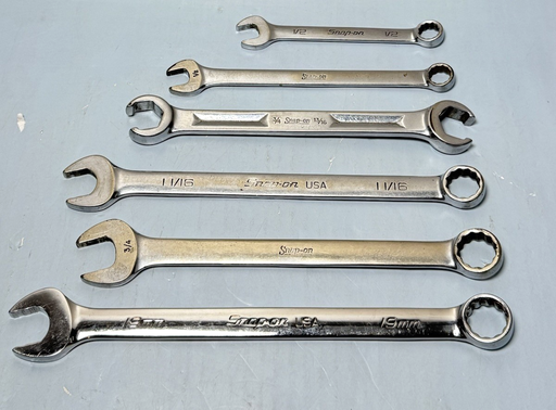 [10657-3] Lot of 6 Snap-on Combination Wrenches - SAE & Metric  1/2" to 19mm  USA Made