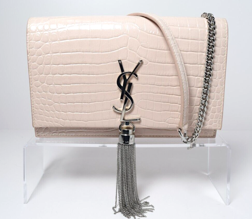 [6778-1] Saint Laurent Classic Monogram Tassel Crossbody Bag Crocodile Embossed Pink