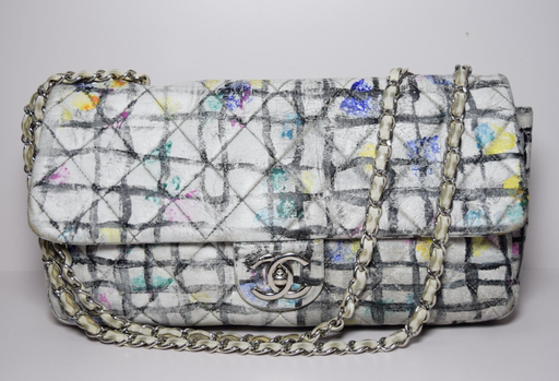 [7020-1] Chanel Classic Flap Bag Hand-Painted Graffiti SS14 White Leather w/ Entrupy COA