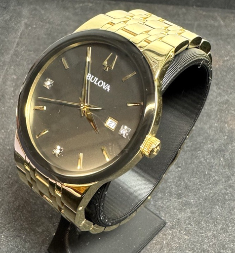 [10802-1] Bulova Men's Watch 97D116 Diamond Accent Black Dial Date Gold Steel Quartz 42mm