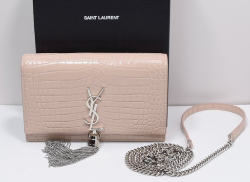 [11305-1] Saint Laurent Classic Monogram Tassel Crossbody Bag Crocodile Embossed Pink